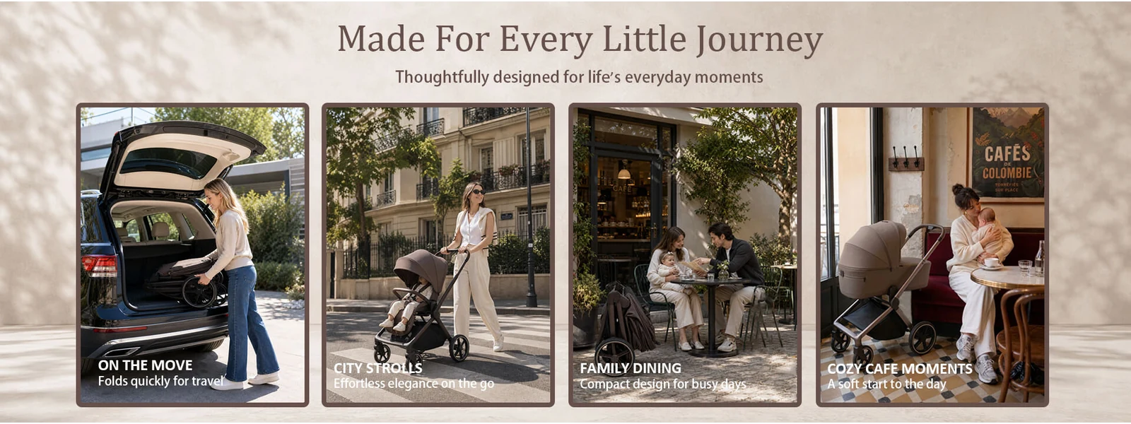 Supplied A1 marketing collage showing stroller transport, walking and family outings